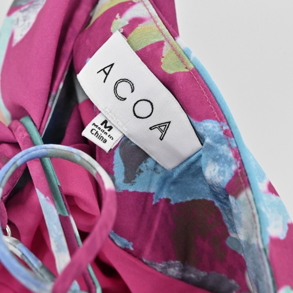 ACOA Dress Size M Blue Magenta Floral Print Strapless V Neck Midi Slip Vacation - Picture 7 of 13